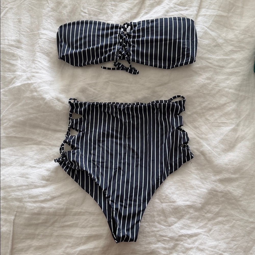 San Lorenzo High waisted Black and White Striped Bikini Set